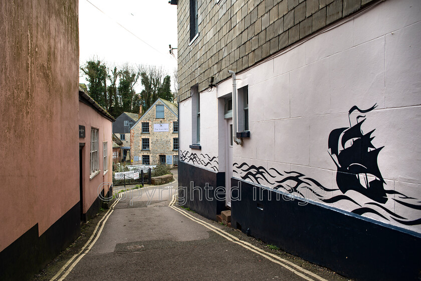 lyme-065 
 Lyme Regis and Uplyme riverside walk 
 Keywords: Lyme Regis, Uplyme, coastal town, Devon, Dorset, boarder, riverwalk, seaside, sea view, gardens, backstreets, ship, mural, painting, wall art