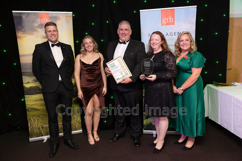 AWA 115 
 South West Farmer awards night 2023 at the Somerset County Cricket Club, Taunton. 
Pictured winners of the Outstanding Achievement award Trevor, Jo and Shannon Weyborn!– NFUM - Presented by Emily Mills and Pete Randerson, NFU Mutual Tiverton Insurance Agents.