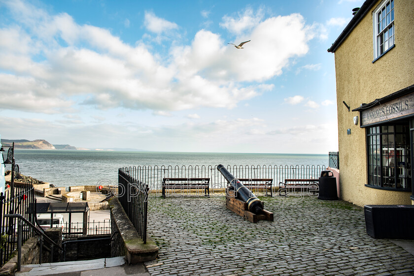 lyme-025 
 Lyme Regis and Uplyme riverside walk 
 Keywords: Lyme Regis, Uplyme, coastal town, Devon, Dorset, boarder, riverwalk, seaside, sea view, town, cannon, view, cliffs, blue sky, clouds