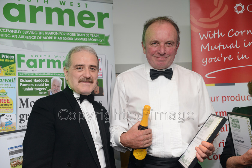 farming-awards-2017 20171102 0106 
 The South West Farmer Awards 2017 at Somerset County Cricket Club, Taunton. .Pictured L-R Alan Goddard with recipient of the special recognition awards, John Walter-Symons.