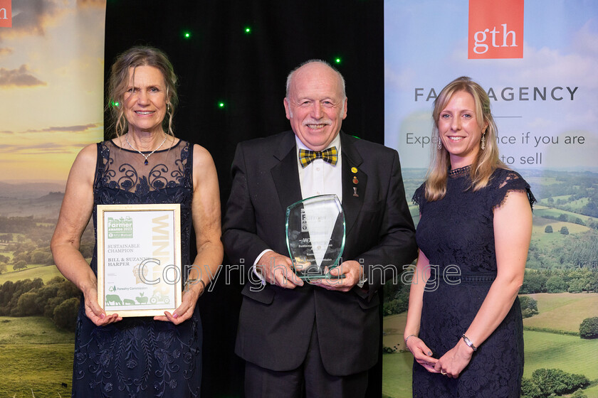 AWA 105 
 South West Farmer awards night 2023 at the Somerset County Cricket Club, Taunton. Pictured Sustainability champion winners Suzanne and Bill Harper with Jodie Davis from the The Forestry Commission