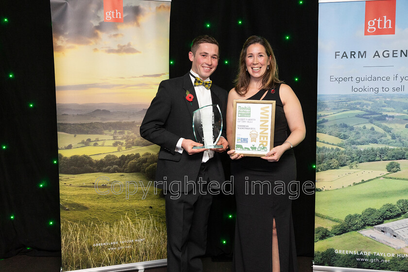 AWA 098 
 South West Farmer awards night 2023 at the Somerset County Cricket Club, Taunton. Pictured winner of the Sheep farmer of the year Thomas Nancekivell with Sponsor Crediton Milling – Karen Wonnacott