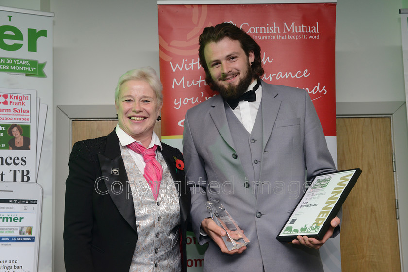 farming-awards-2017 20171102 0072 
 The South West Farmer Awards 2017 at Somerset County Cricket Club, Taunton. Pictured Winner of Young farmer of the year award. L-R sponsor Pam Johns from Coodes solicitors with winner Sam Bullingham