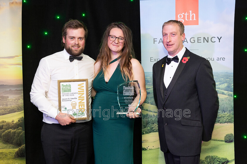 AWA 091 
 South West Farmer awards night 2023 at the Somerset County Cricket Club, Taunton. Pictured New Entrant Award winners Jason and Amelia Greenway with sponsor Agriton's Simon Matthews (Animal Husbandry Specialist)