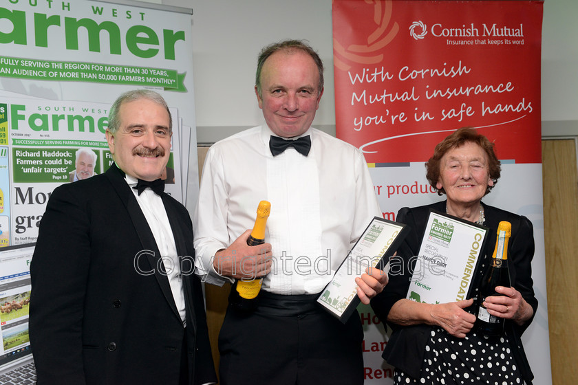 farming-awards-2017 20171102 0107 
 The South West Farmer Awards 2017 at Somerset County Cricket Club, Taunton. Pictured L-R Alan Goddard with recipients of the special recognition awards, John Walter-Symons and Nancy Dart