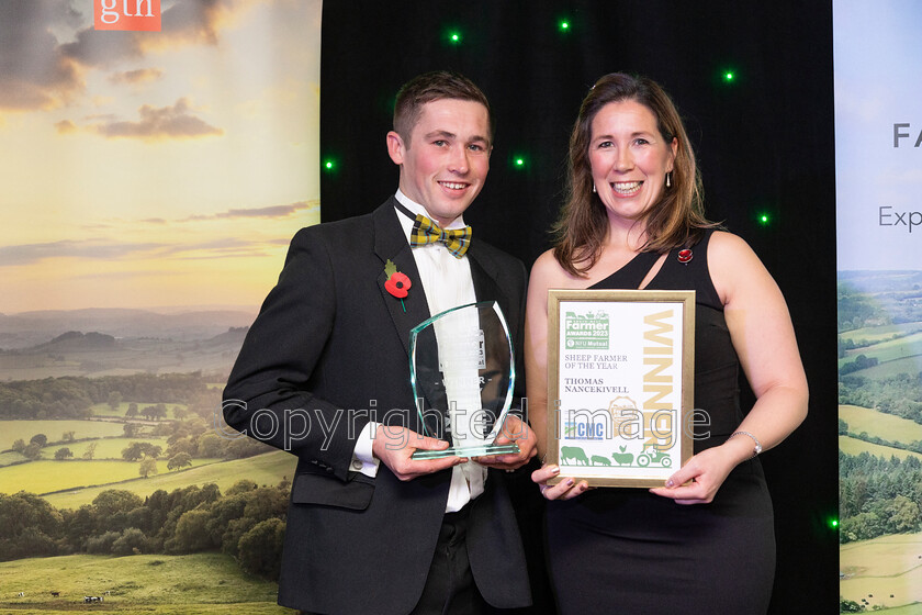 AWA 100 
 South West Farmer awards night 2023 at the Somerset County Cricket Club, Taunton. Pictured winner of the Sheep farmer of the year Thomas Nancekivell with Sponsor Crediton Milling – Karen Wonnacott