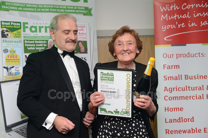 farming-awards-2017 20171102 0105 
 The South West Farmer Awards 2017 at Somerset County Cricket Club, Taunton. Pictured L-R Alan Goddard with recipient of the special recognition awards, Nancy Dart