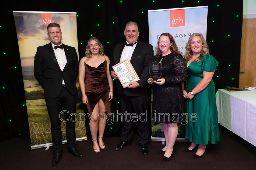 AWA 114 
 South West Farmer awards night 2023 at the Somerset County Cricket Club, Taunton. 
Pictured winners of the Outstanding Achievement award Trevor, Jo and Shannon Weyborn!– NFUM - Presented by Emily Mills and Pete Randerson, NFU Mutual Tiverton Insurance Agents.