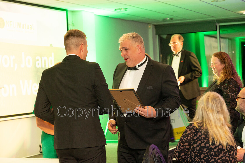 AWA 112 
 South West Farmer awards night 2023 at the Somerset County Cricket Club, Taunton. 
Pictured winners of the Outstanding Achievement award Trevor, Jo and Shannon Weyborn!– NFUM - Presented by Emily Mills and Pete Randerson, NFU Mutual Tiverton Insurance Agents.